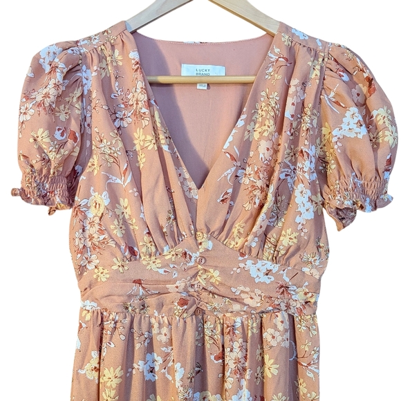Lucky Brand Peach Floral Maxi Dress S Tiered Babydoll Bohemian Cottagecore - Picture 2 of 6